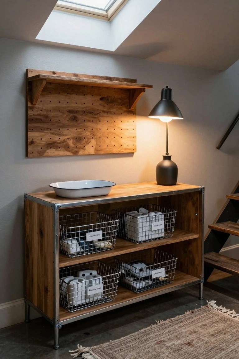 A wooden sideboard with open shelves holding several labeled wire baskets, a white bowl on top, and a black lamp beside a wall-mounted wooden pegboard shelf.