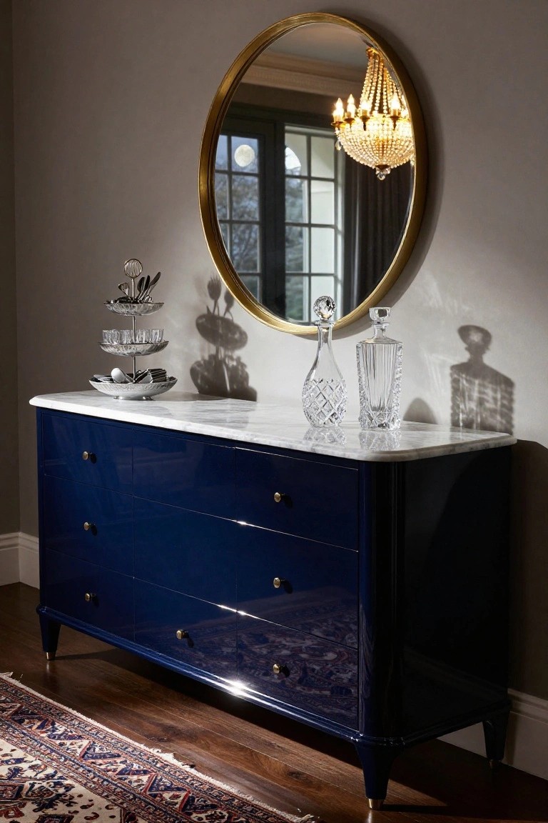 A navy blue sideboard with a white marble top displays crystal decanters and a tiered serving stand in front of a round gold mirror.