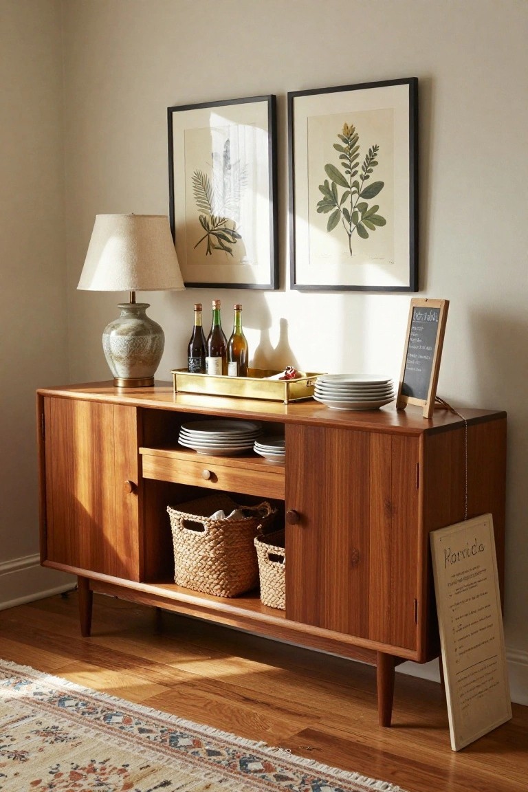 A wooden mid-century sideboard with open lower shelves holding two woven baskets, a central drawer, closed cabinets on both sides, and dining items arranged on top beneath two framed botanical prints.