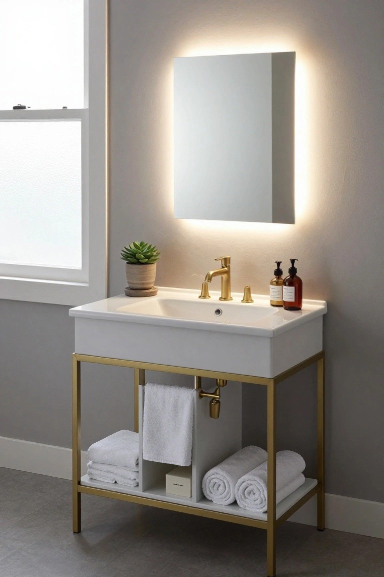 A modern bathroom vanity with a white ceramic sink, gold faucet, and open gold-framed shelving holding folded and rolled white towels, a small potted plant, and two soap bottles on the countertop.