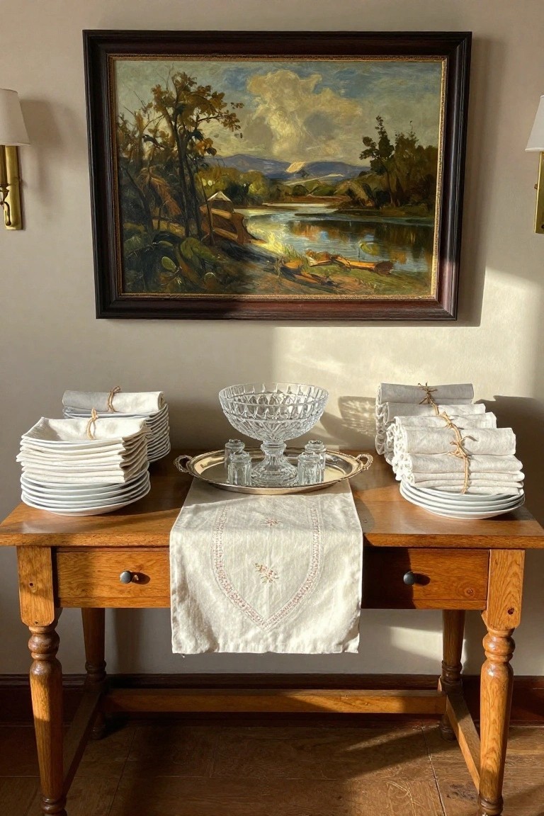 Wooden table with white linens, crystal bowl, and landscape painting above.