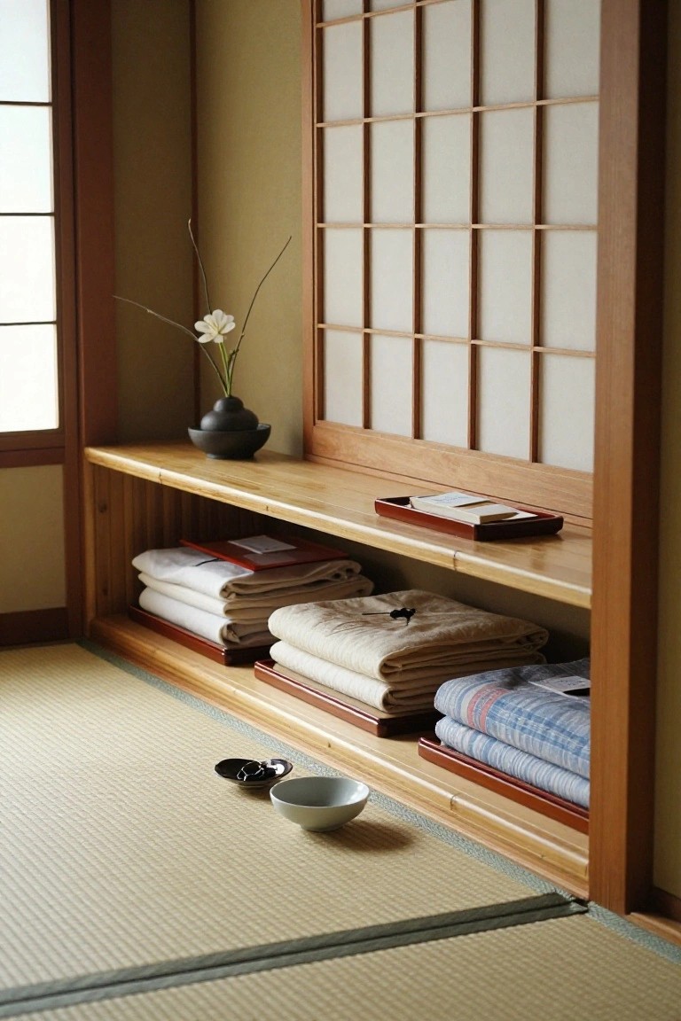 Japanese room with wooden shelves holding folded textiles, vase, and tatami mats.