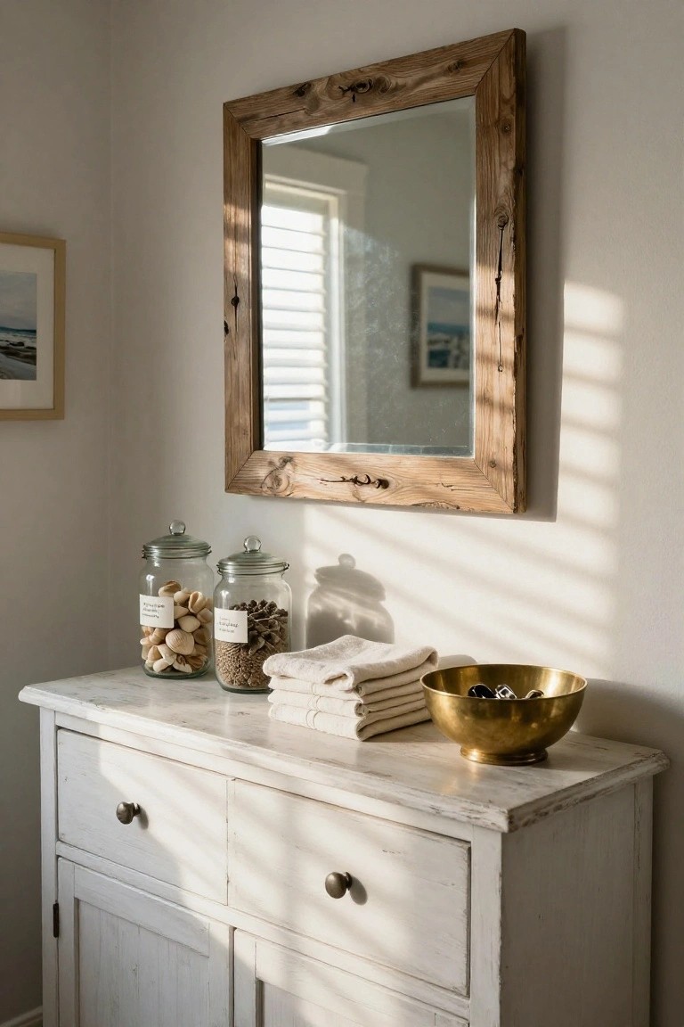 A white distressed sideboard holds two glass jars with shells and seeds, folded linens, and a brass bowl under a large rustic wood mirror.
