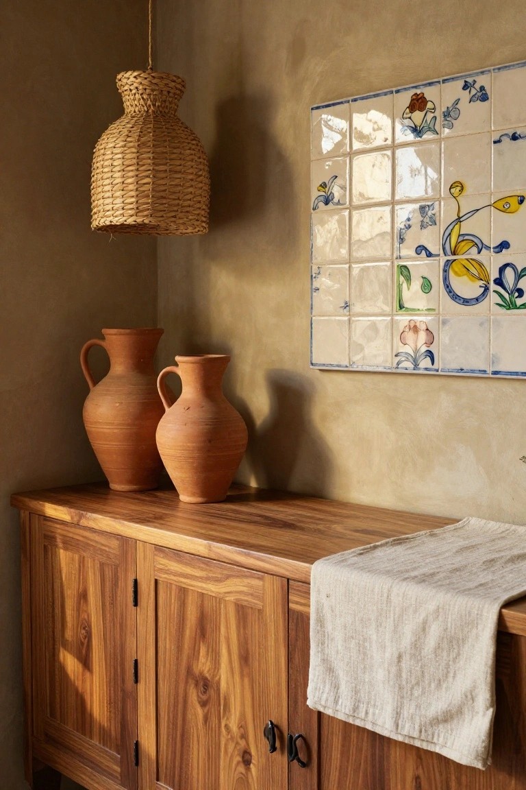 Wooden cabinet with terracotta vases, woven lamp, and colorful tiled wall.