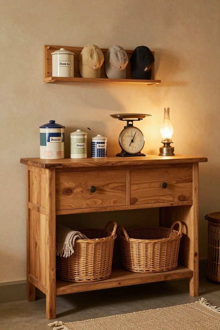 A wooden sideboard with two wicker baskets on the lower open shelf, three ceramic canisters and a scale on top, and a narrow wall shelf holding a canister and three caps above it.
