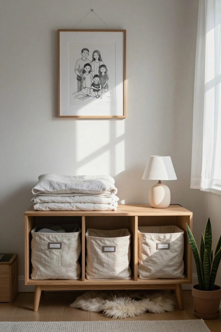 Wooden cubby bench with linen bins, folded sheets, lamp, and framed family sketch.