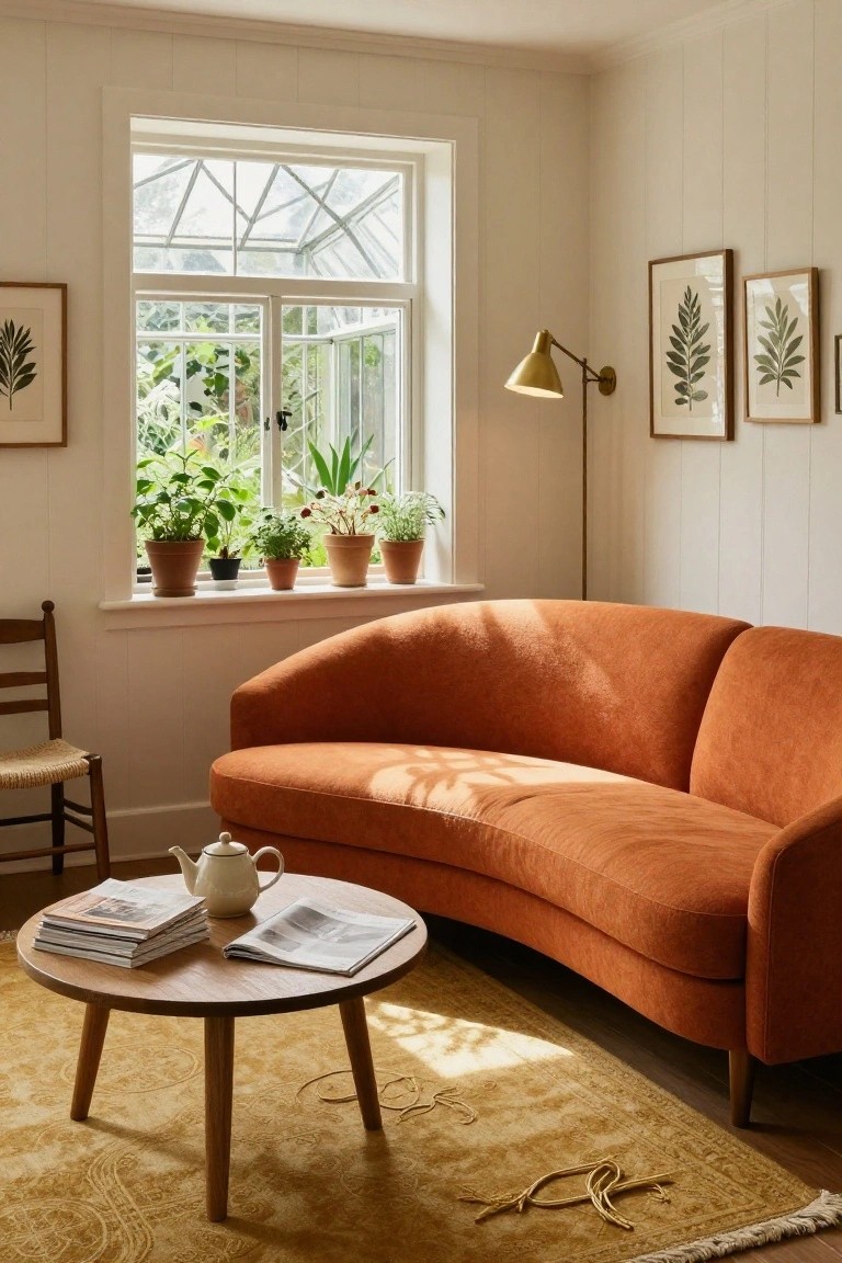 Living room corner with curved burnt orange upholstered sofa, round wooden coffee table with teapot and stacked newspapers, potted plants on wide windowsill, white wood-paneled walls, and arched window with garden view.
