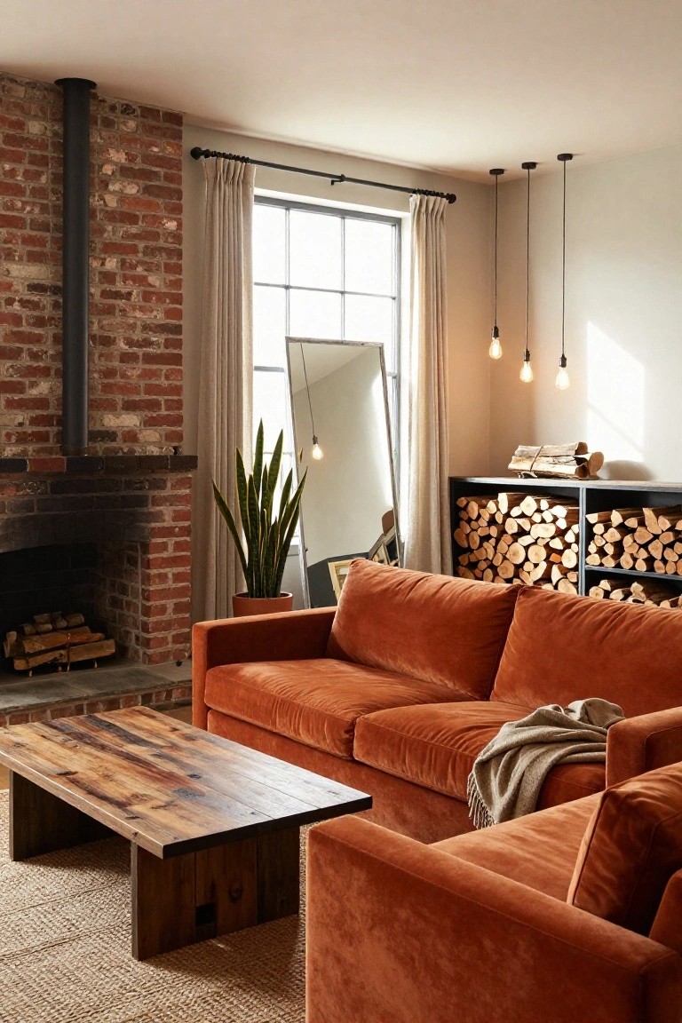 Living room with burnt orange velvet L-shaped sofa facing exposed brick wall and fireplace, black metal stove pipe, full-length mirror, potted snake plant, wooden coffee table, seagrass rug, and black metal firewood storage cabinet.