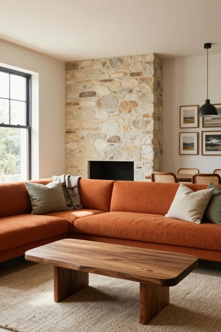 Living room with burnt orange L-shaped sofa, wooden coffee table on seagrass rug, stone fireplace wall, large black-framed window, and rattan chairs at dining table in background.