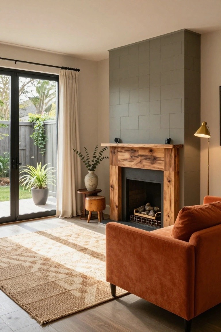 Living room with burnt orange sofa near rustic wooden fireplace mantel on grey tiled wall, sliding glass doors to garden with plants, neutral rug and side tables.