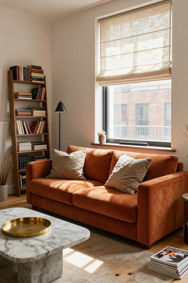 Bright living room corner with burnt orange corduroy sofa and cream pillows, tall wooden leaning bookshelf with assorted books, white marble coffee table, potted plants, and large window with linen roman shade overlooking brick exterior.