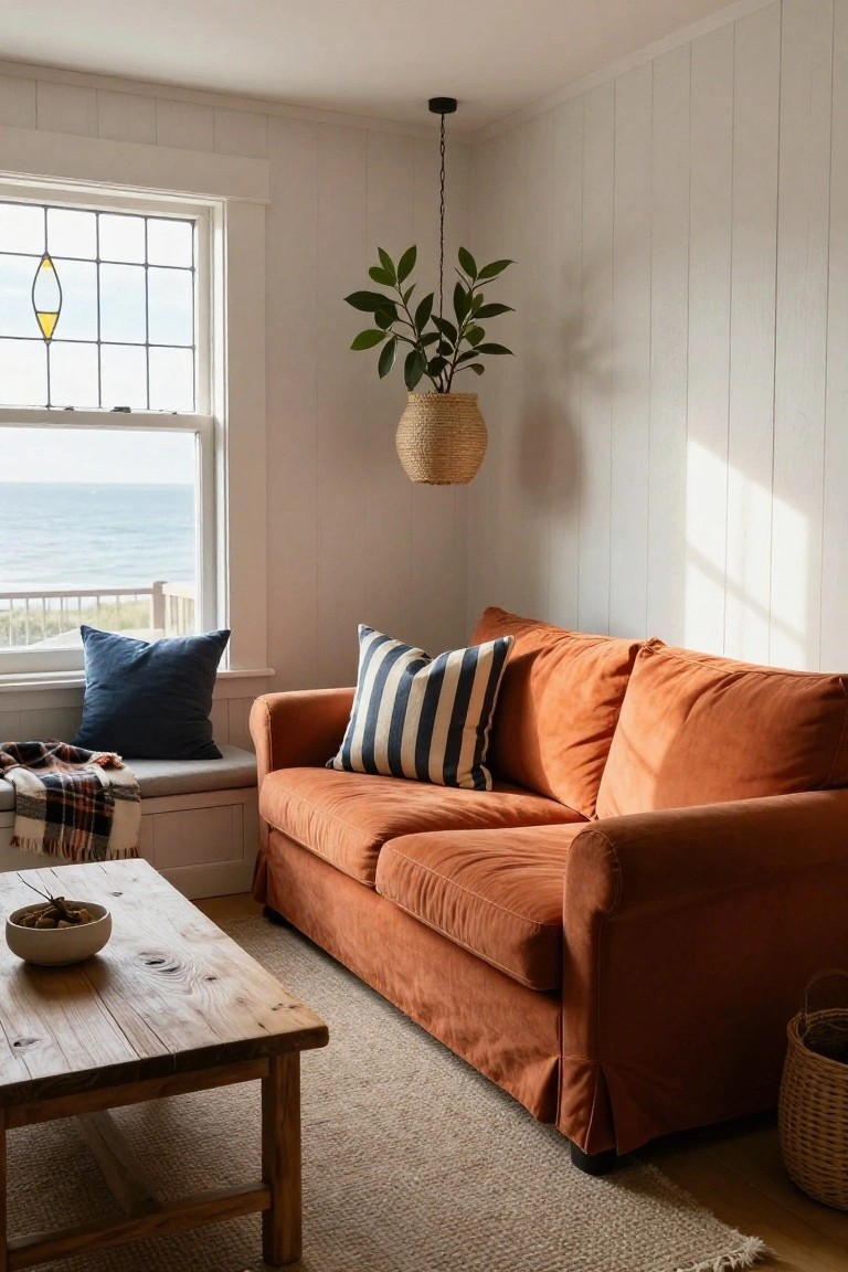 White shiplap-walled living room corner with burnt orange sofa, blue and striped pillows, plaid throw, wooden coffee table holding a bowl, large window overlooking ocean, hanging basket plant and wicker basket.