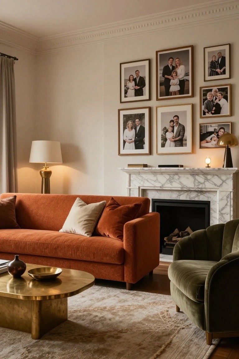 Living room with burnt orange sofa, gold coffee table, green armchair, marble fireplace, and walls displaying multiple framed family portraits.
