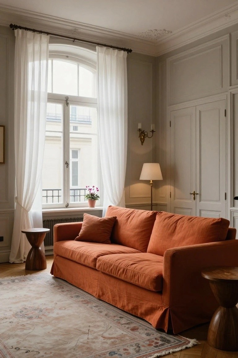 Burnt orange fabric sofa in a living room with pale gray paneled walls, arched window with sheer white curtains, wooden pedestal side tables, cream-colored rug on hardwood floors, and a potted plant on the windowsill.