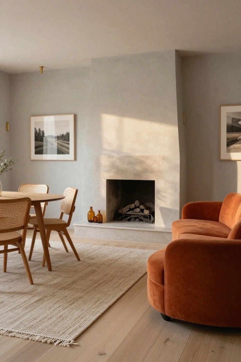 Living room featuring a curved burnt orange velvet sofa next to a minimalist gray plaster fireplace with logs inside, rattan chairs around a round wood dining table, neutral walls with framed art, beige rug, and light wood floors.