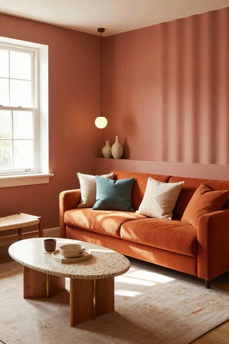 A living room with burnt orange velvet sofa on a light rug, terracotta walls, white window frame, globe pendant light, two white vases on a shelf, rattan stool, and oval terrazzo coffee table with ceramic dish and mug.