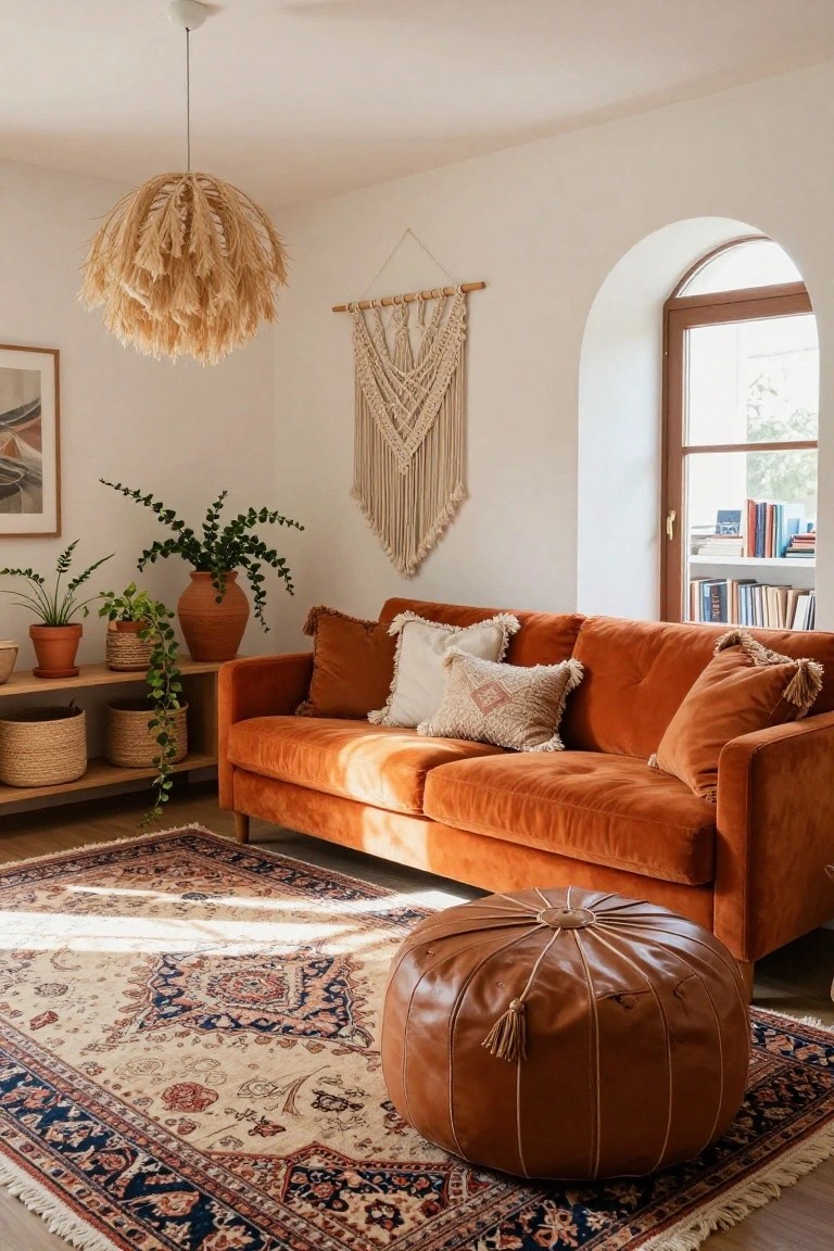 Living room with burnt orange velvet sofa, macrame wall hanging, potted plants on wooden shelves, rattan pendant light, patterned rug, leather pouf, and arched window with bookshelves visible.