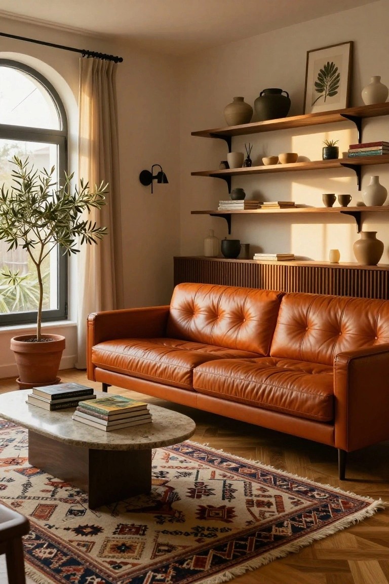 Living room with burnt orange leather sofa, floating wood shelves displaying pottery and books, arched window with olive tree in terracotta pot, wood-paneled wall unit, marble coffee table, and patterned rug on wood floor.