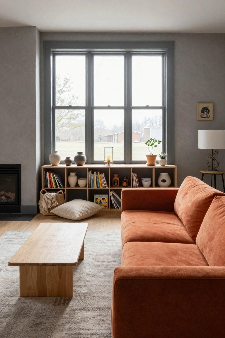 Living room with burnt orange velvet sofa, low rectangular oak coffee table on light gray rug, wooden shelving unit stocked with books pottery and plants next to fireplace, large triple window with dark gray frames and neutral walls.