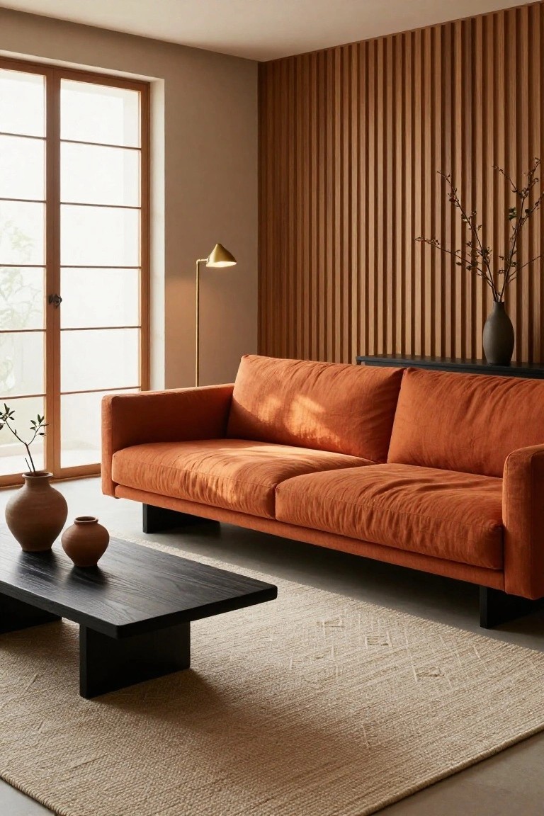 Living room interior with burnt orange upholstered sofa, black wood coffee table, beige textured rug, vertical warm wood slat wall, gold floor lamp, and ceramic vases on the floor and side table near a large window.