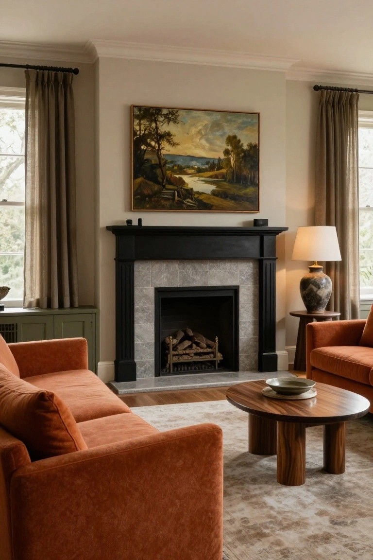 A living room with two burnt orange upholstered sofas facing a black fireplace with gray tile and logs inside, a round wooden coffee table in between, neutral walls, beige curtains on windows, and a landscape oil painting above the mantel.