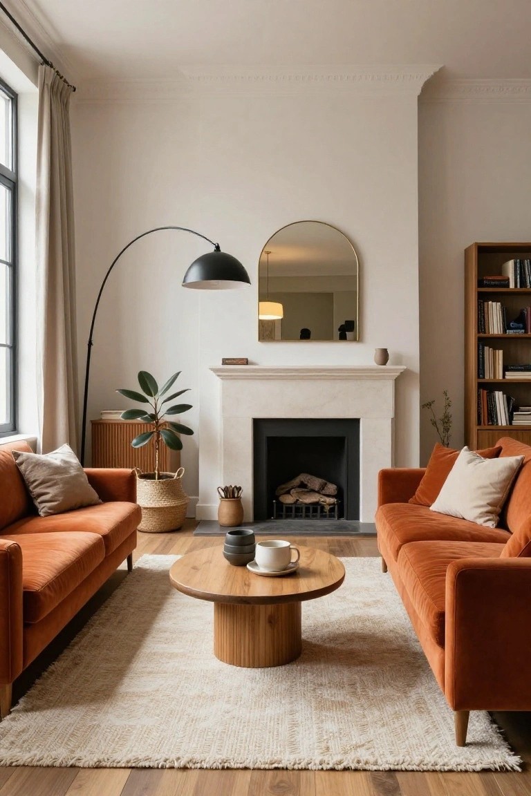 Living room with two burnt orange velvet sofas facing each other across a round wooden coffee table in front of a white stone fireplace, neutral rug, arc lamp, potted plant, bookshelves, and mirror above mantel.