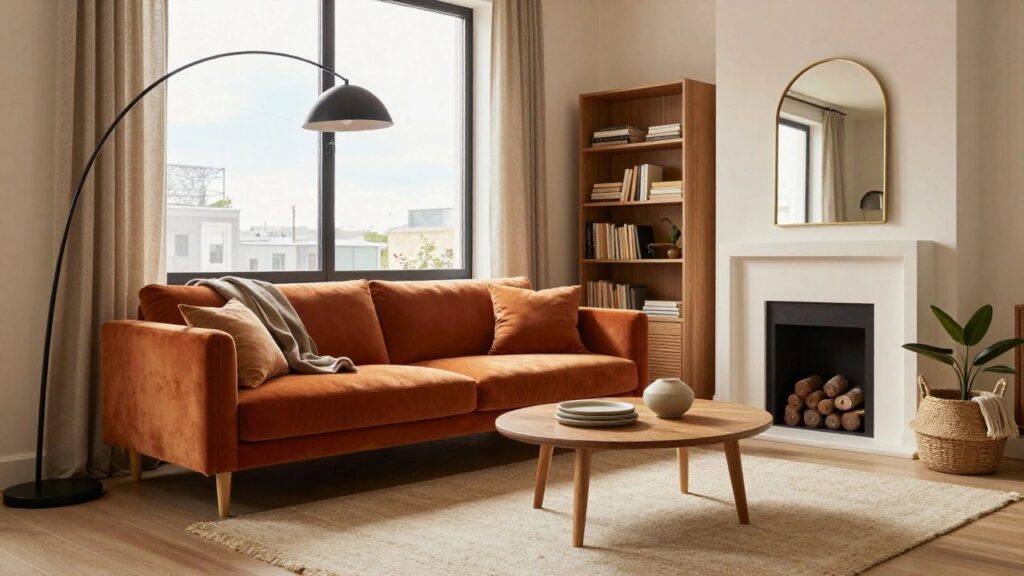 Living room with two burnt orange velvet sofas facing each other across a round wooden coffee table in front of a white stone fireplace, neutral rug, arc lamp, potted plant, bookshelves, and mirror above mantel.