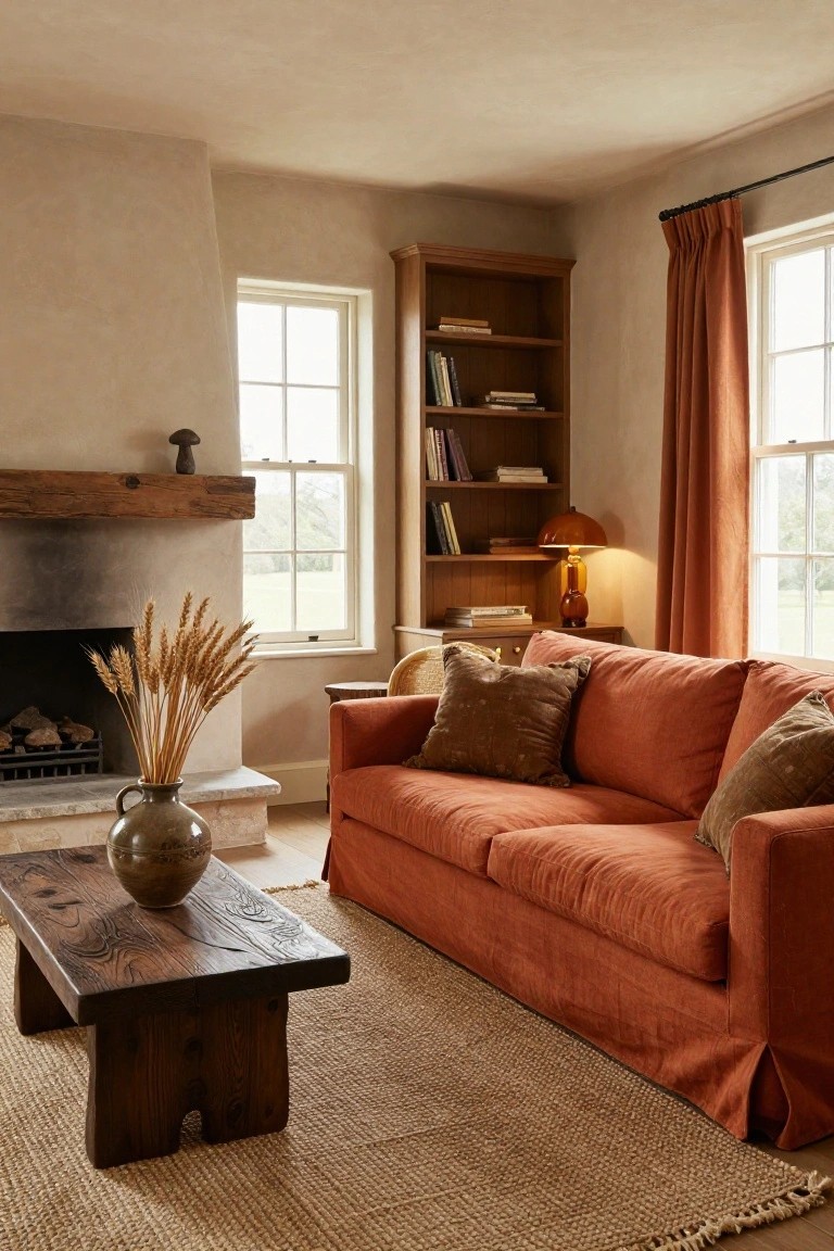 Living room with burnt orange fabric sofa, wooden coffee table, stone fireplace holding wheat stalks in a vase, tall wooden bookshelves, orange curtains on windows, seagrass rug, and beige textured walls.