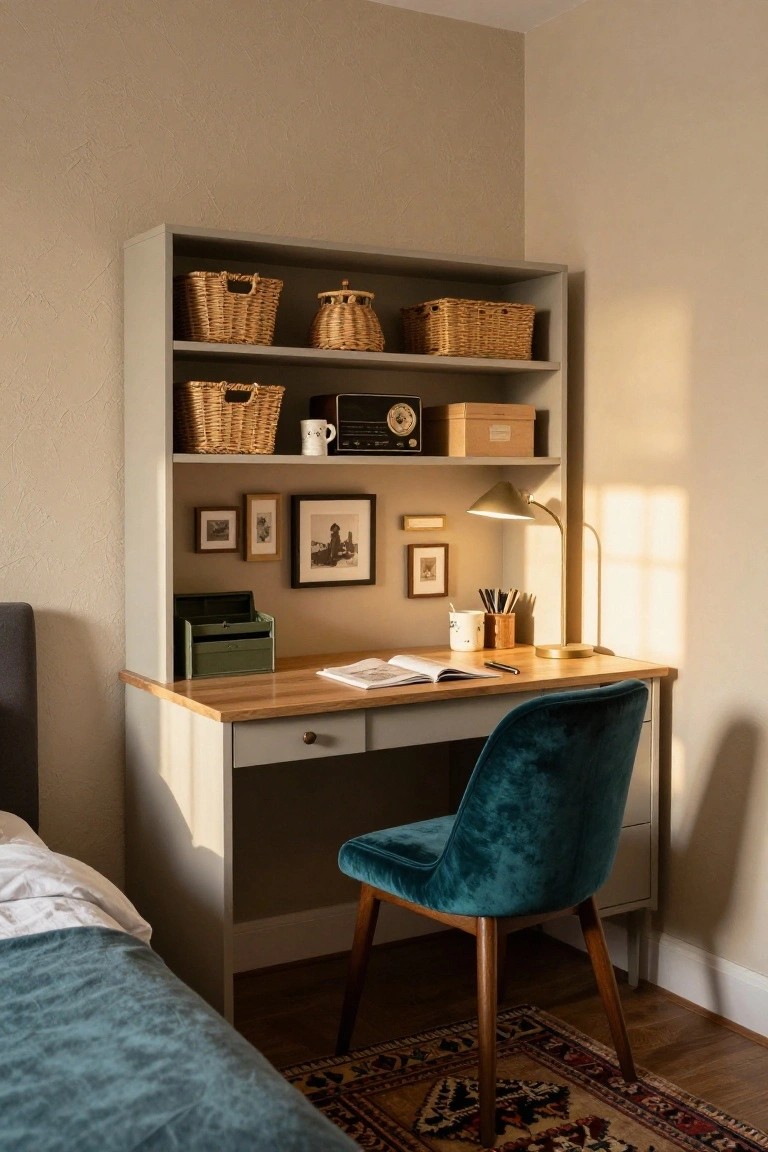 A built-in corner desk with a light wood top, gray cabinetry, open upper shelves holding woven baskets and small framed pictures, and a teal upholstered chair pulled up to the desk.