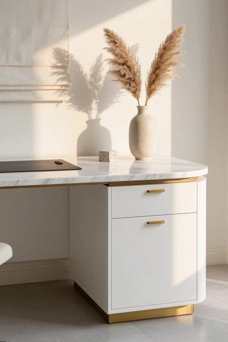 A white corner desk with a marble top, two drawers with gold handles, and a lower cabinet, topped with a beige vase holding dried pampas grass.
