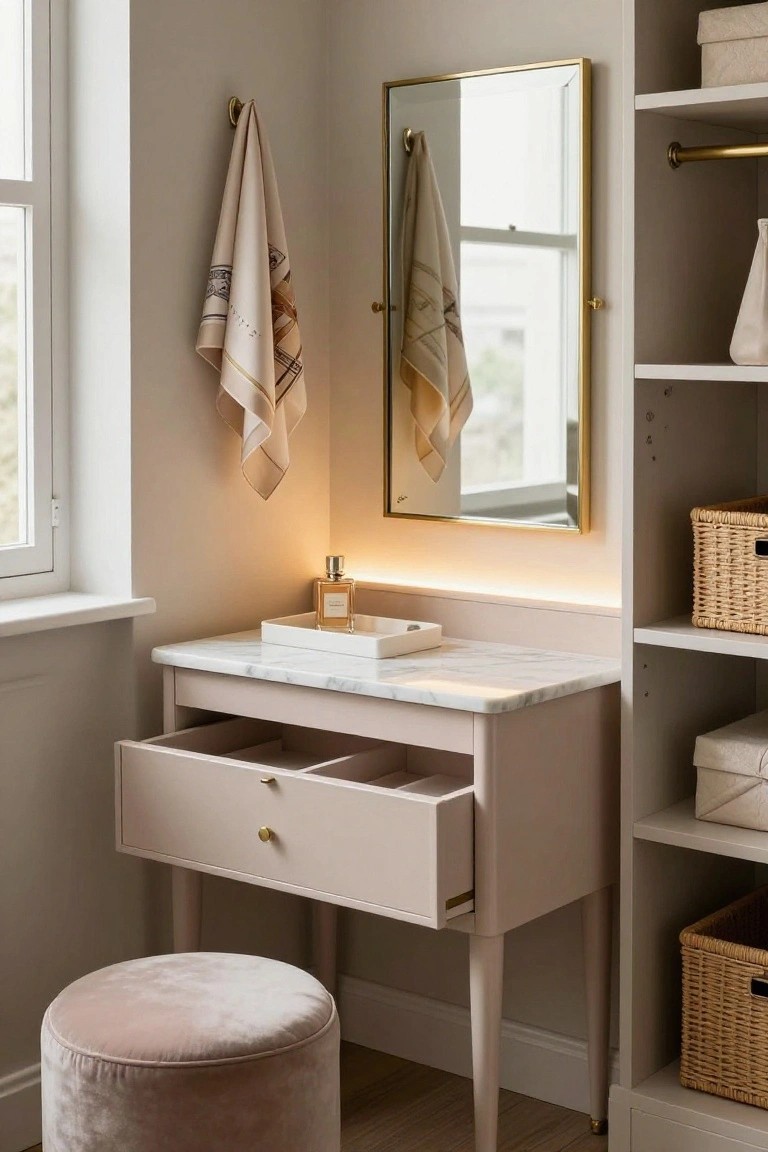 Elegant beige vanity table with open drawer, marble top, and round stool.