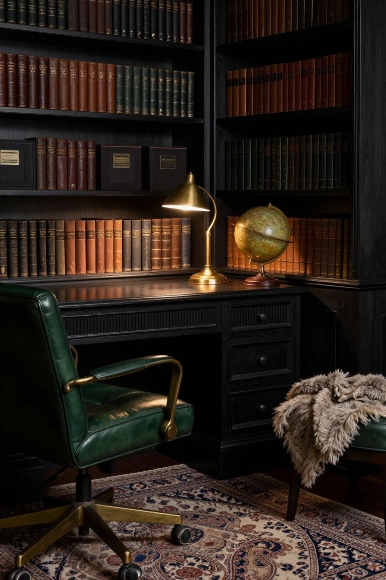Elegant dark wooden study with green leather chair, globe, and brass lamp.