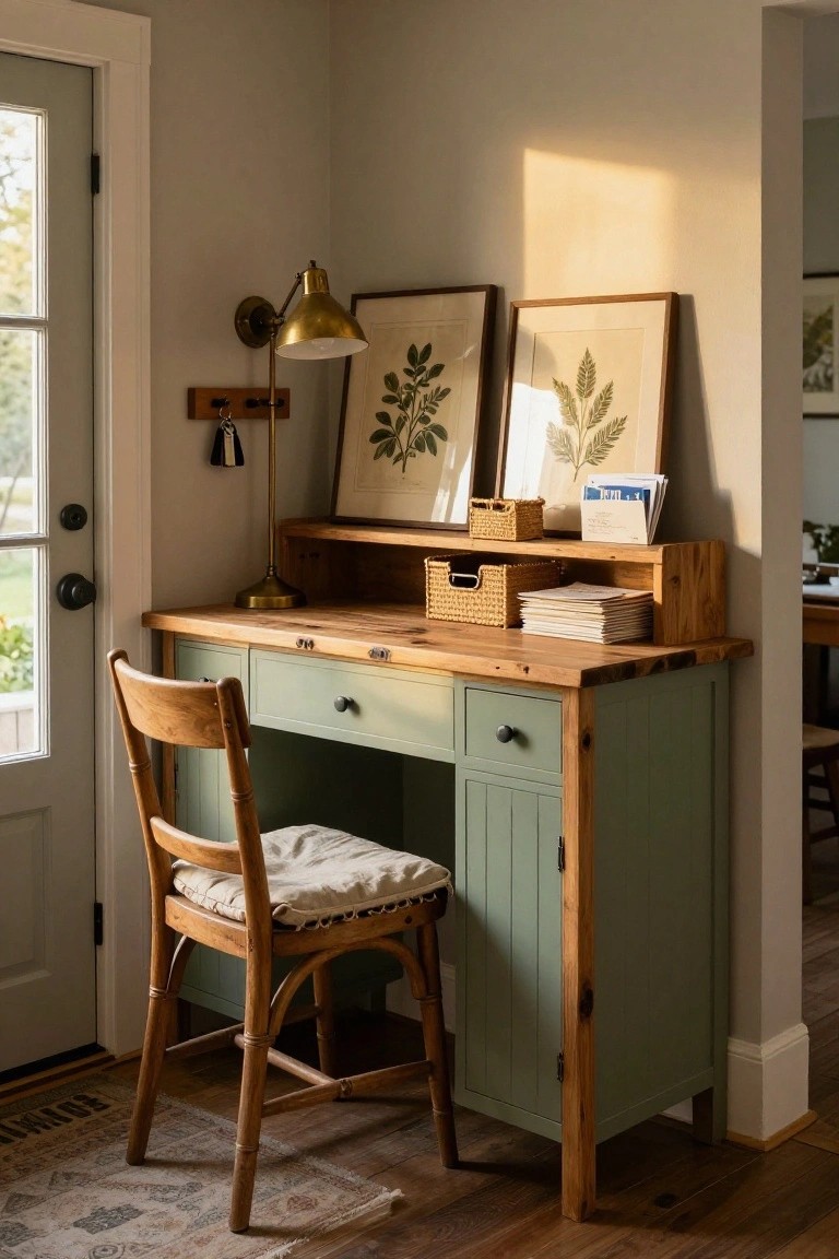 A sage green corner desk with a natural wood top, multiple drawers, and a cabinet door, positioned against a wall with framed botanical prints and a brass lamp above it.