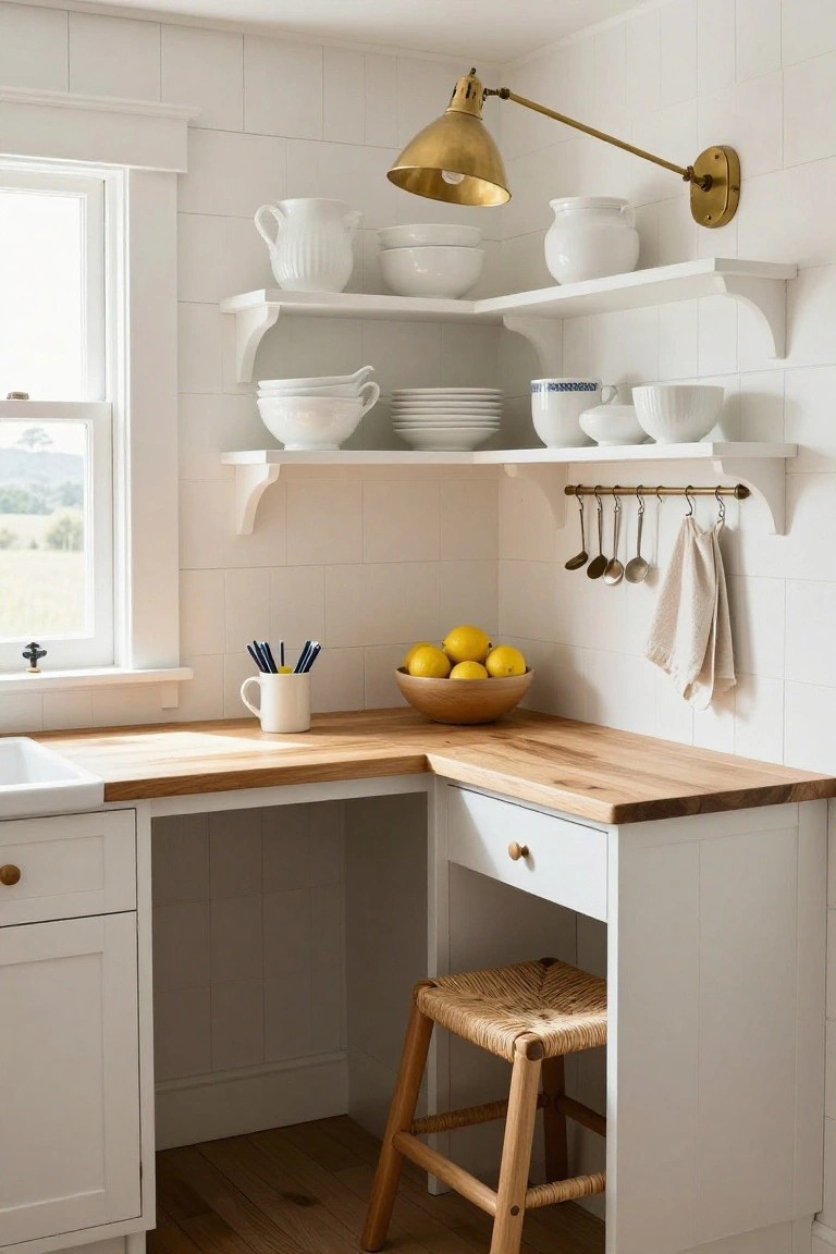 White kitchen corner with wooden counter, shelves, brass sconce, stool, and lemons.
