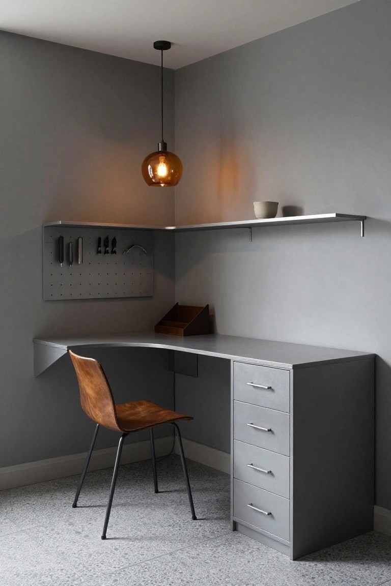 A modern home office corner features a curved metal desk with four gray drawers on the right, a brown leather chair, a pegboard on the left wall, and a hanging amber glass pendant light above.
