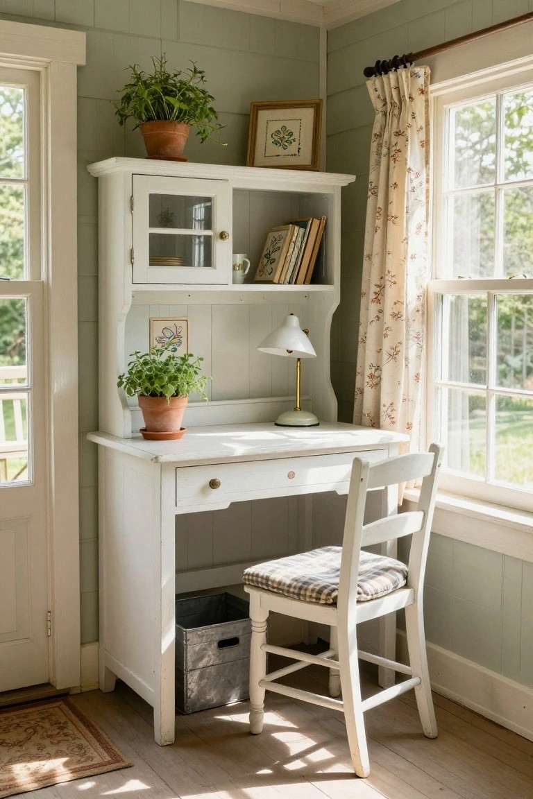A white corner desk with upper cabinet, open shelves, and a wooden chair in a light green room with a window and plants.