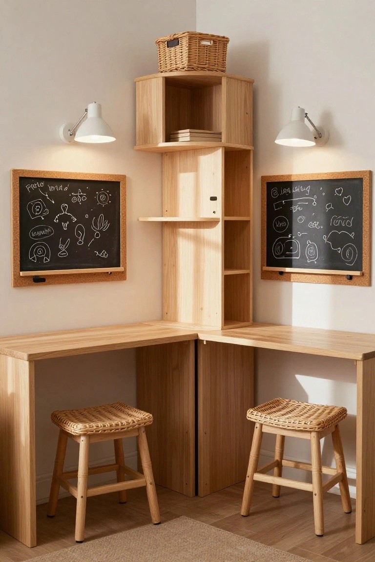 A light wood corner desk with built-in shelves and cabinets, two woven stools underneath, wall-mounted chalkboards on both sides, and a wicker basket on top.