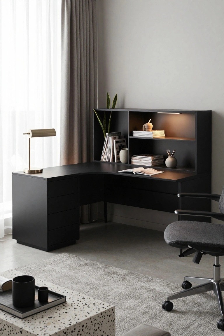 Modern black L-shaped desk with hutch, gray office chair, and minimalist decor.