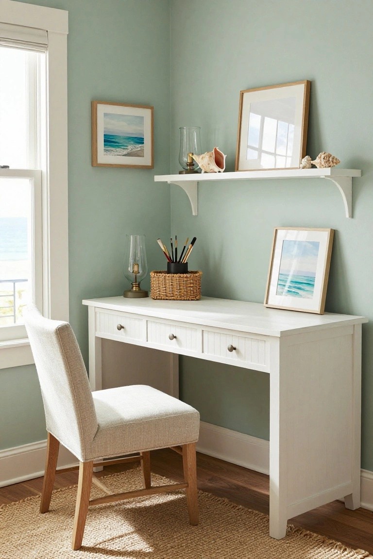 White desk with drawers, chair, and ocean artwork on light green wall.