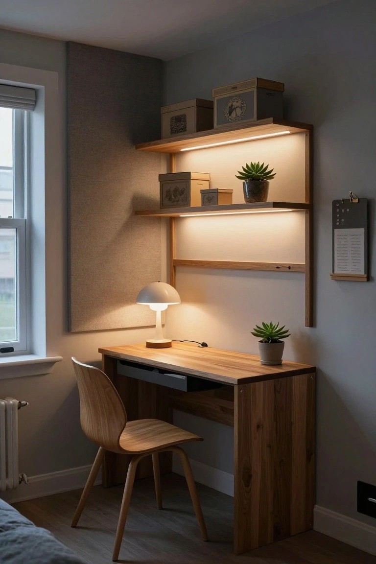 A wooden corner desk with an open drawer sits under two lit wooden shelves holding storage boxes and small potted plants, next to a window and a light wood chair.