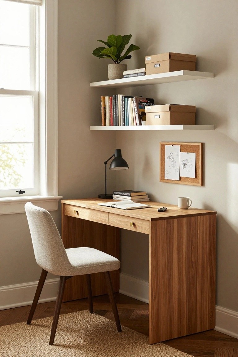 Minimalist wooden desk with shelves, lamp, chair, and window in a cozy study.