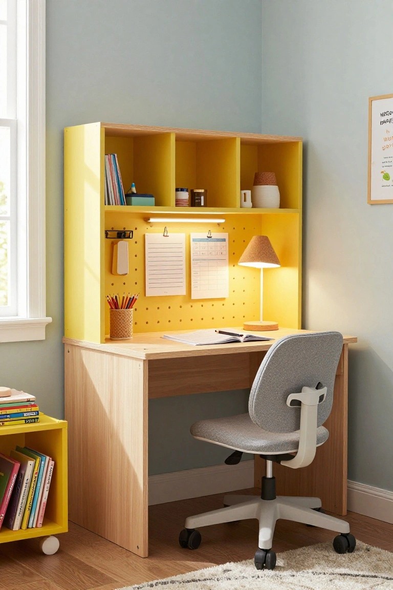 A light wood corner desk with a bright yellow overhead storage hutch, pegboard, and gray office chair in a room with wood flooring.
