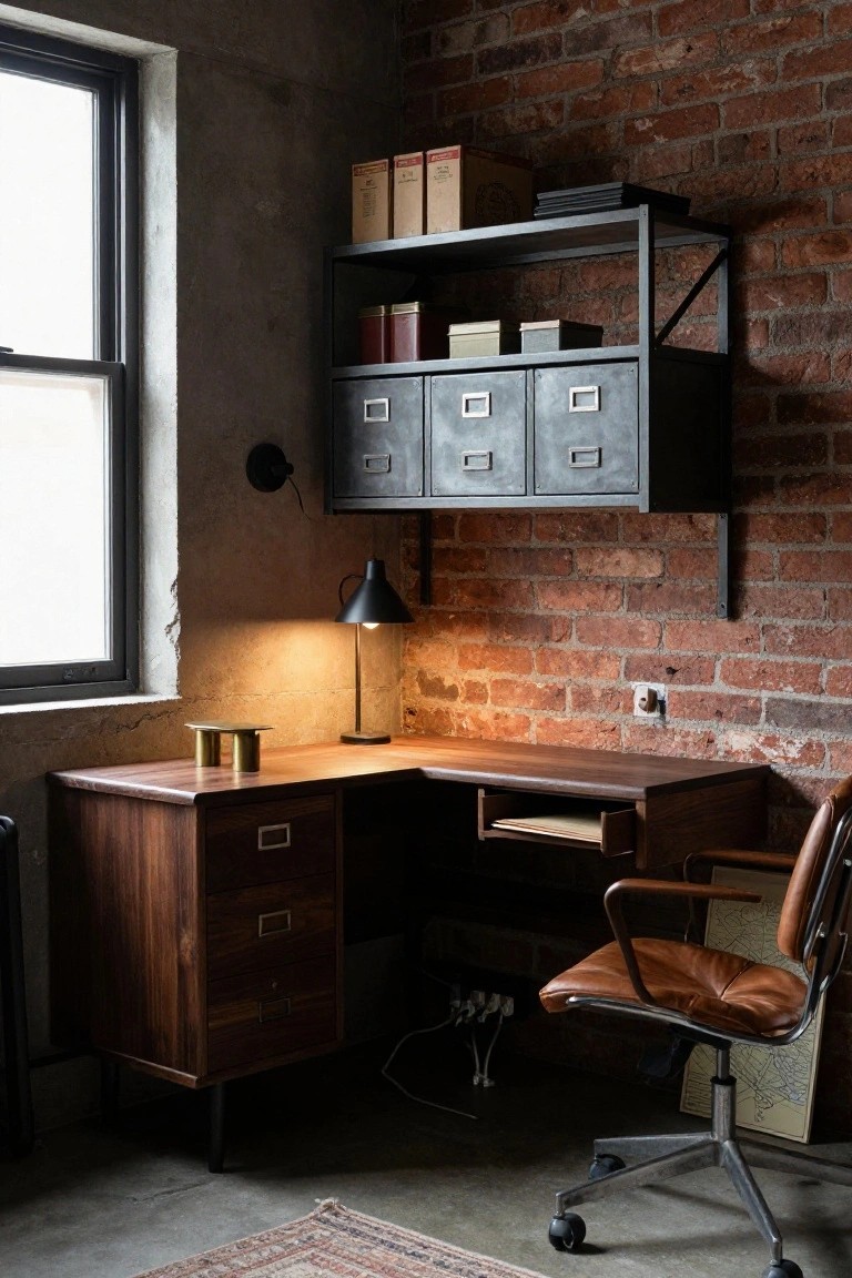 Industrial corner desk with wooden top, metal drawers, leather chair, and brick wall.