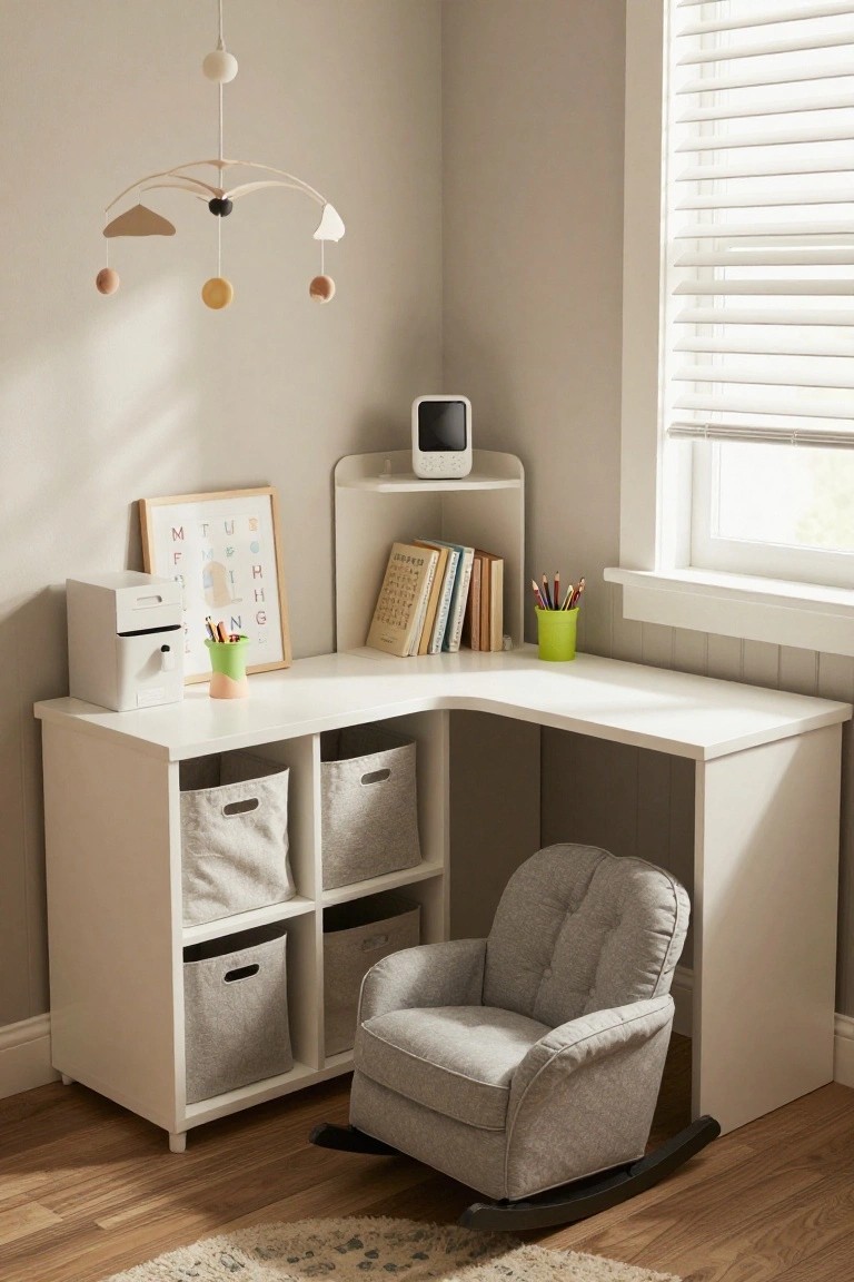 A white corner desk with lower cubbies holding gray fabric storage bins, a small gray rocking chair in front, and books plus supplies arranged on the desk surface near a window.