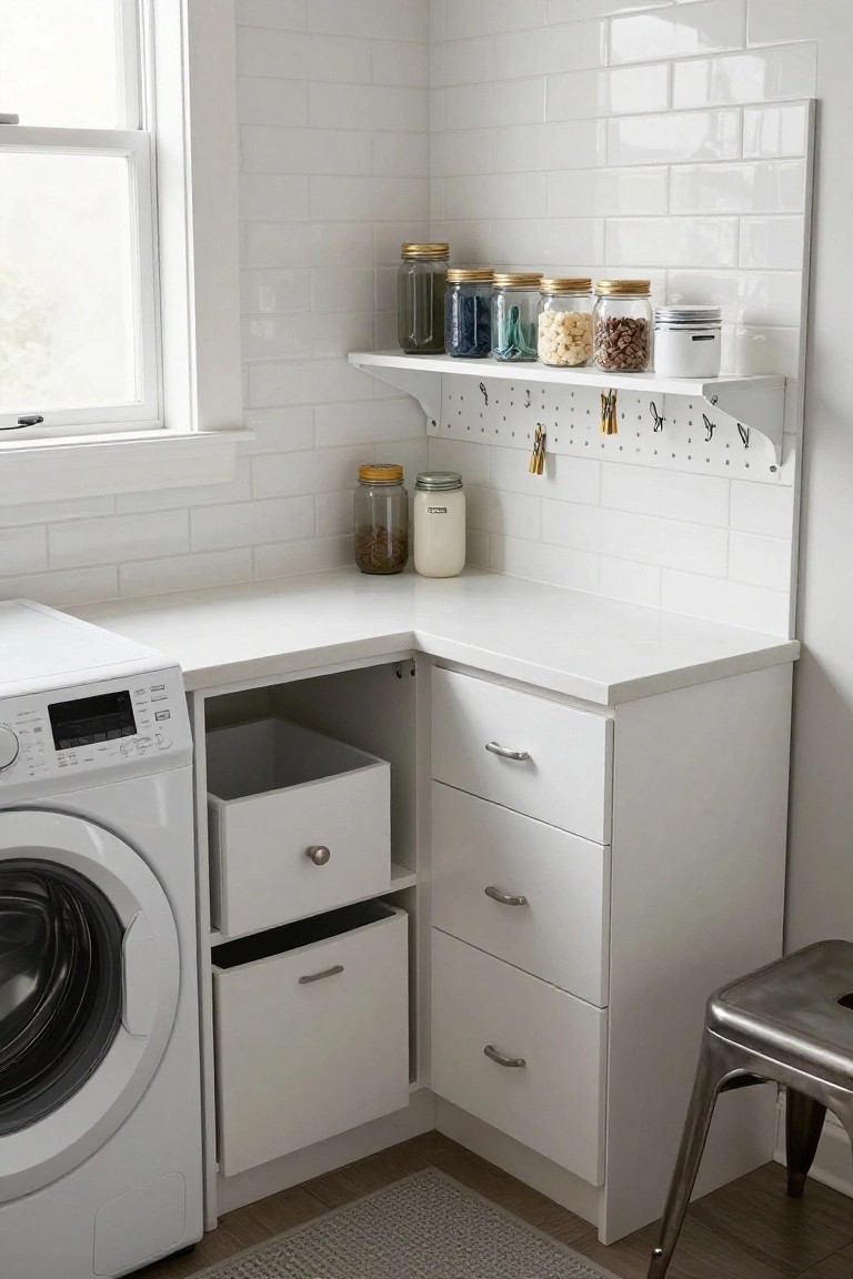 A white laundry room corner with an L-shaped countertop, built-in drawers, a front-loading washing machine, glass storage jars on the counter and shelf, and a pegboard with hooks on the wall.