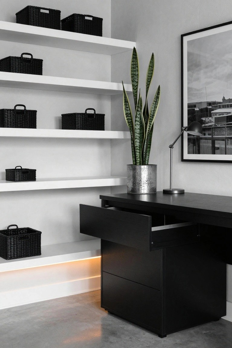 A modern black corner desk with open drawers sits below white floating shelves holding black woven baskets, a snake plant in a metal pot, and a black desk lamp, with a framed black and white photo on the wall.