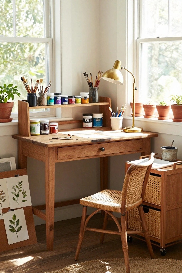 A wooden desk with an upper shelf holding paint jars and brushes, a brass desk lamp, a woven chair, and storage baskets on a rolling cart near two windows.