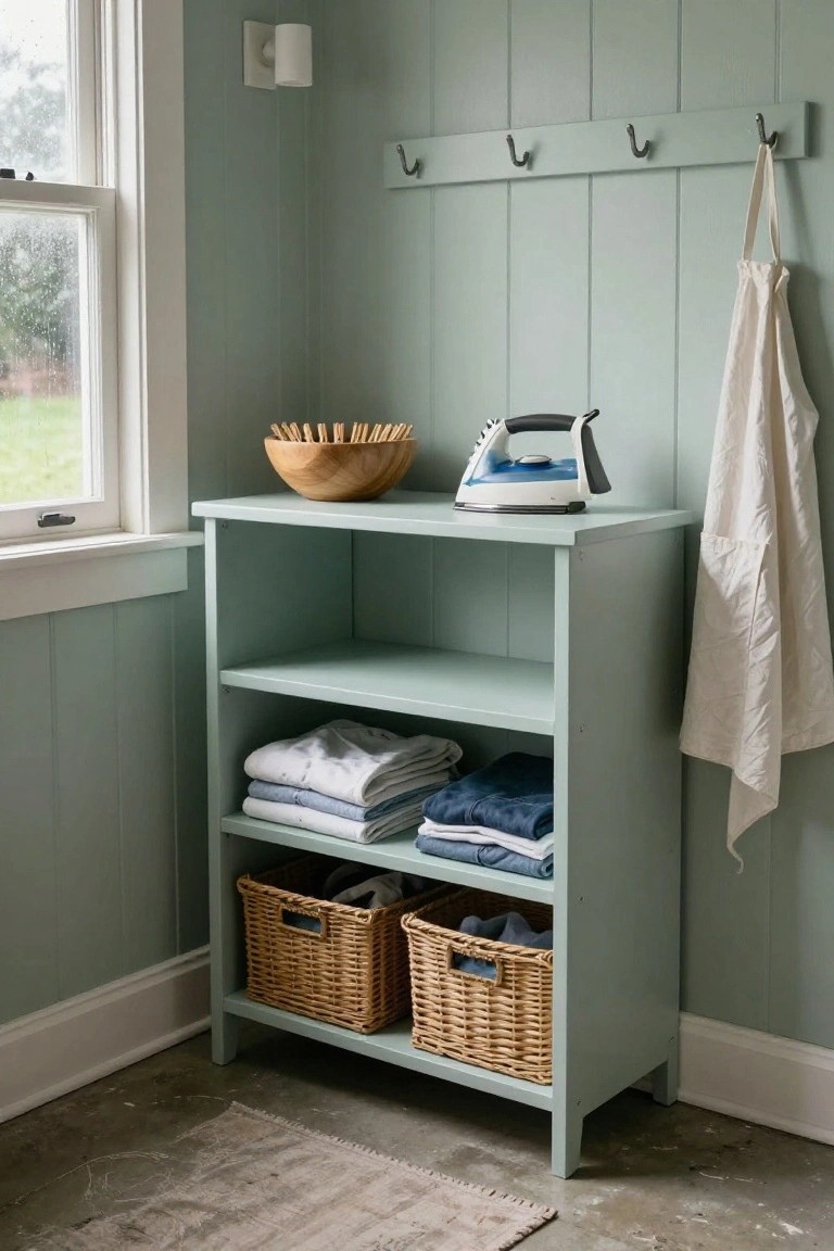 A light green dresser with open shelves displays folded linens and two wicker baskets below, with an iron and wooden bowl on top, positioned near a window in a room with pale green walls.