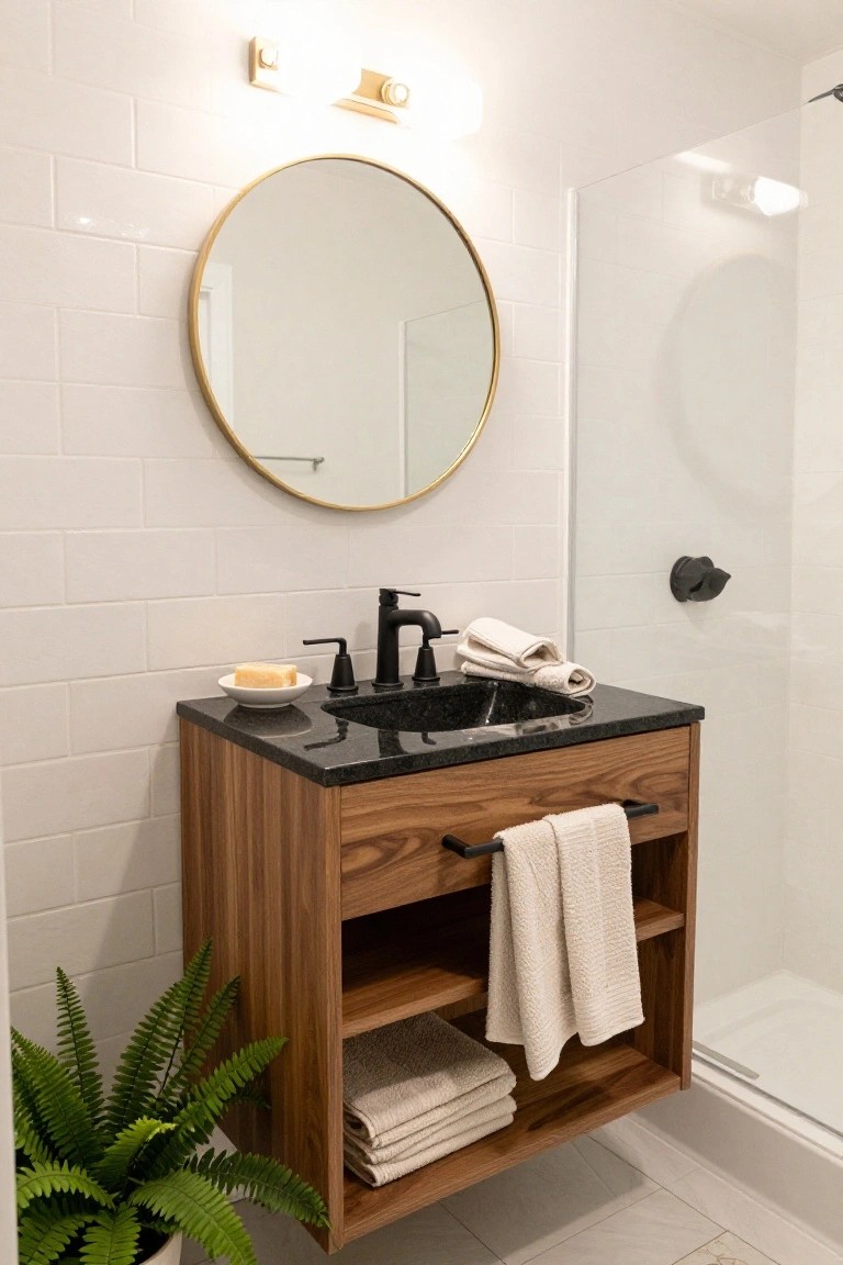 Modern bathroom vanity with round mirror, black sink, and wooden cabinet.