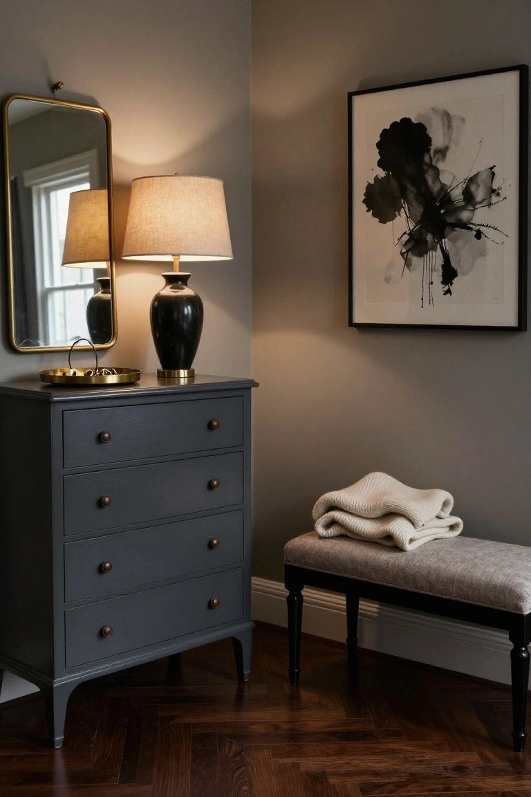 Dark gray dresser with lamp and mirror beside a beige bench and abstract art.
